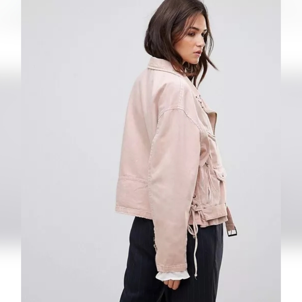 Free People Lace Up Motorcycle Jacket size Small Color Rose Oversized Belted